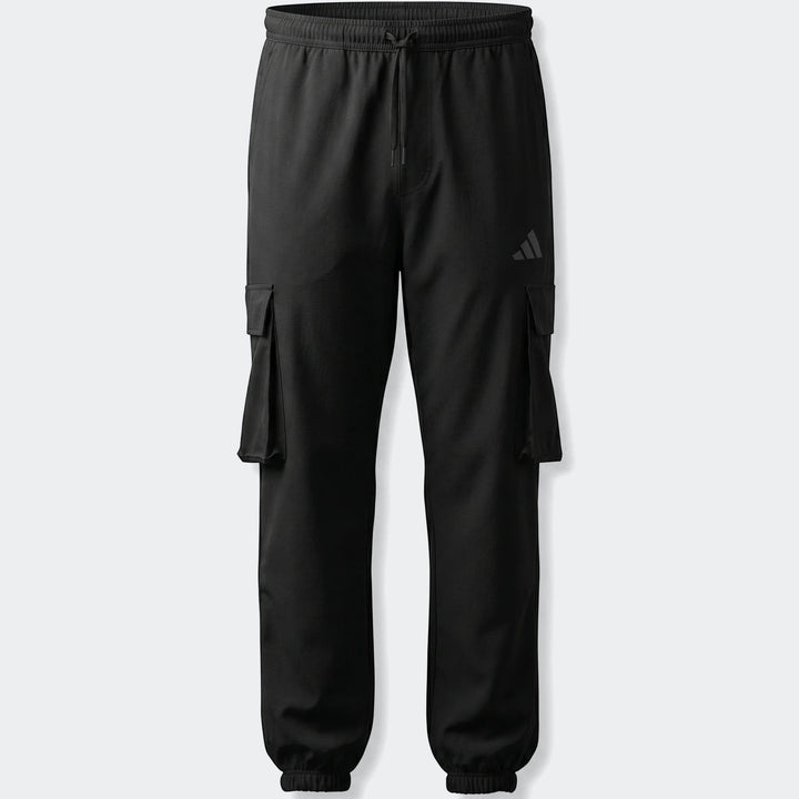 Black Utility Woven Pants with cargo pockets and ribbed cuffs, featuring a subtle logo, shown front view.