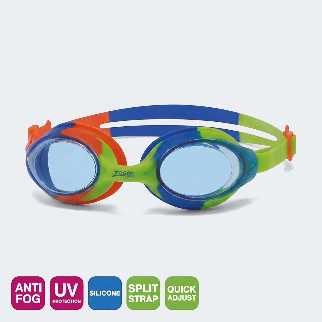 Bondi Junior Green, Blue, and Orange Swimming Goggles with Tint Blue Lenses, shown from an angled perspective.