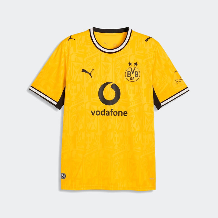 Men's Borussia Dortmund 26/27 home football jersey in bright yellow with black details and club crest, displayed flat lay.