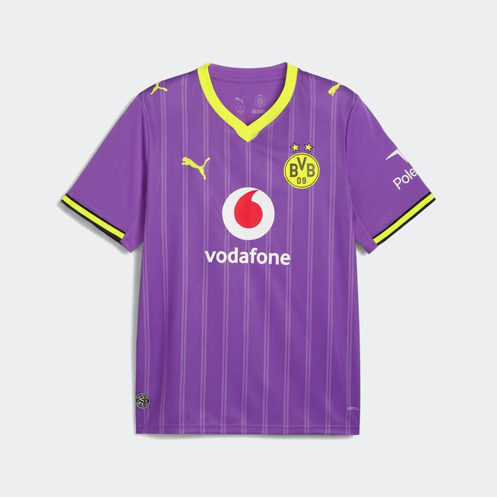 Purple Borussia Dortmund 26/27 Third Jersey for men, featuring a V-neck, short sleeves, and prominent team and sponsor