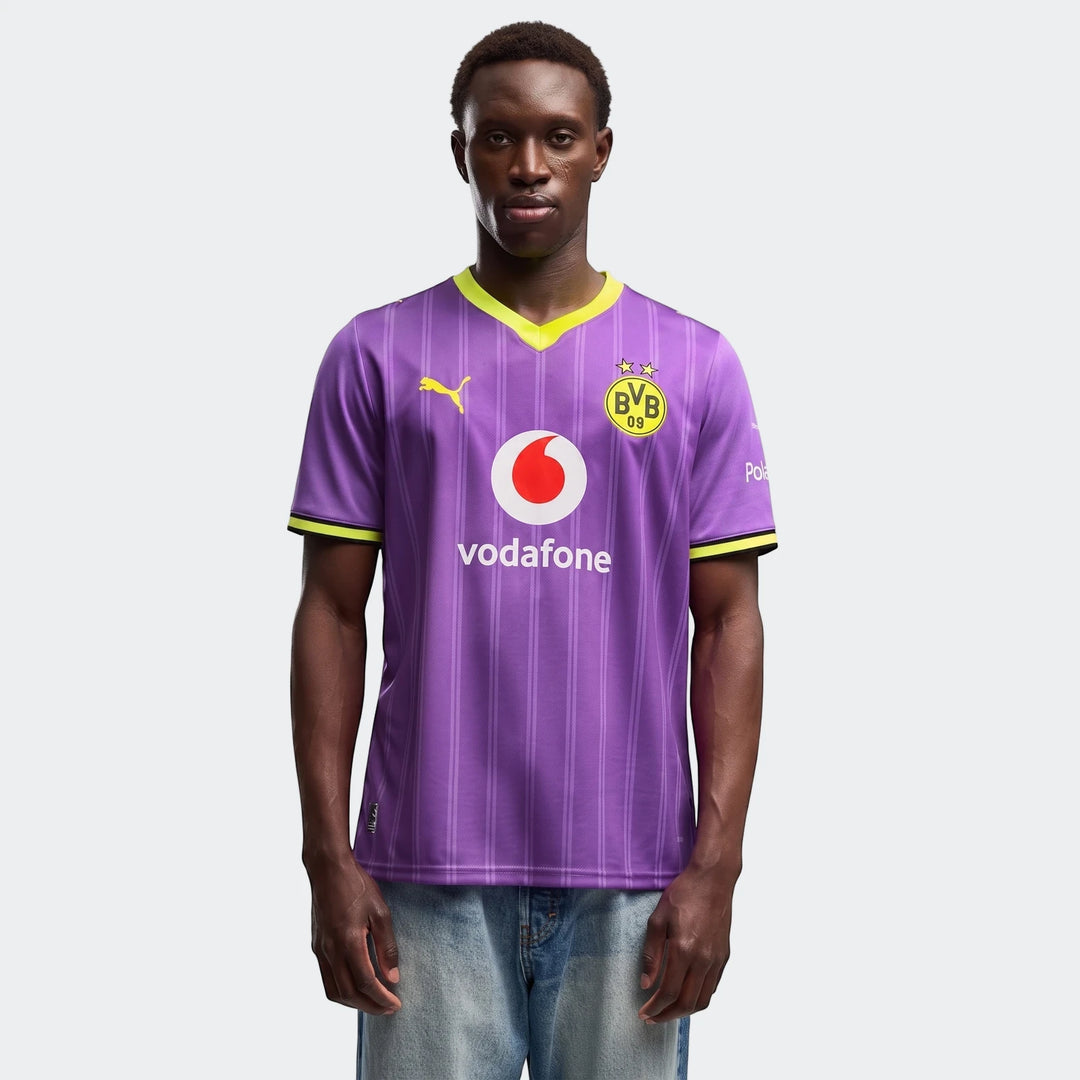 Borussia Dortmund 26/27 Third Jersey for men, featuring a vibrant purple color with vertical stripes and neon green V-neck
