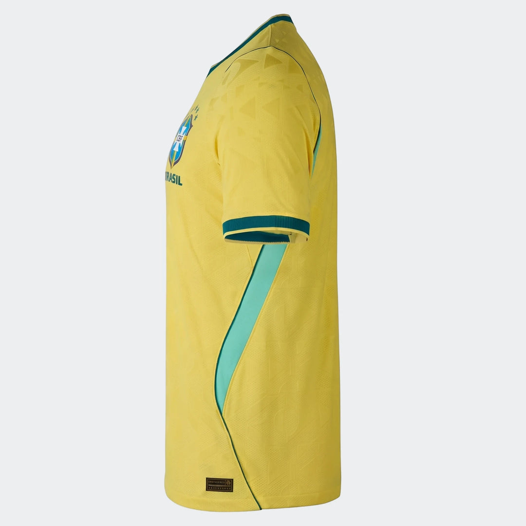 Side view of the Brazil National Team 2026 Match Home Men's Nike Aero-Fit Soccer Jersey in yellow with teal accents.