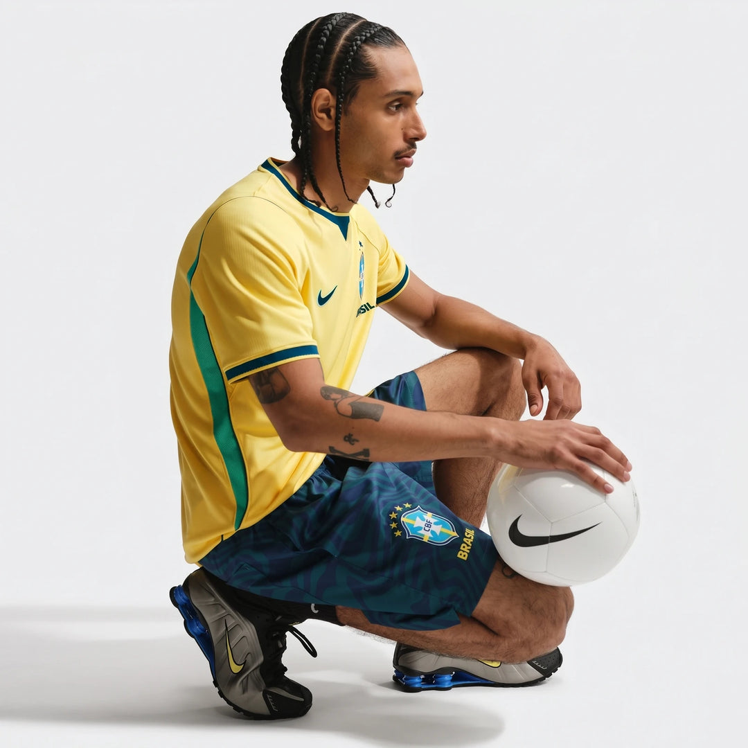 Male model in yellow Brazil 2026 Stadium Home Nike Dri-Fit soccer jersey and shorts, crouching with a white soccer ball.