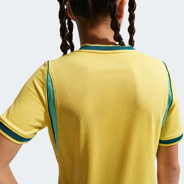 Brazil National Team 2026 Stadium Home Big Kids' Nike Dri-Fit Soccer Jersey, yellow with green accents, seen from the back