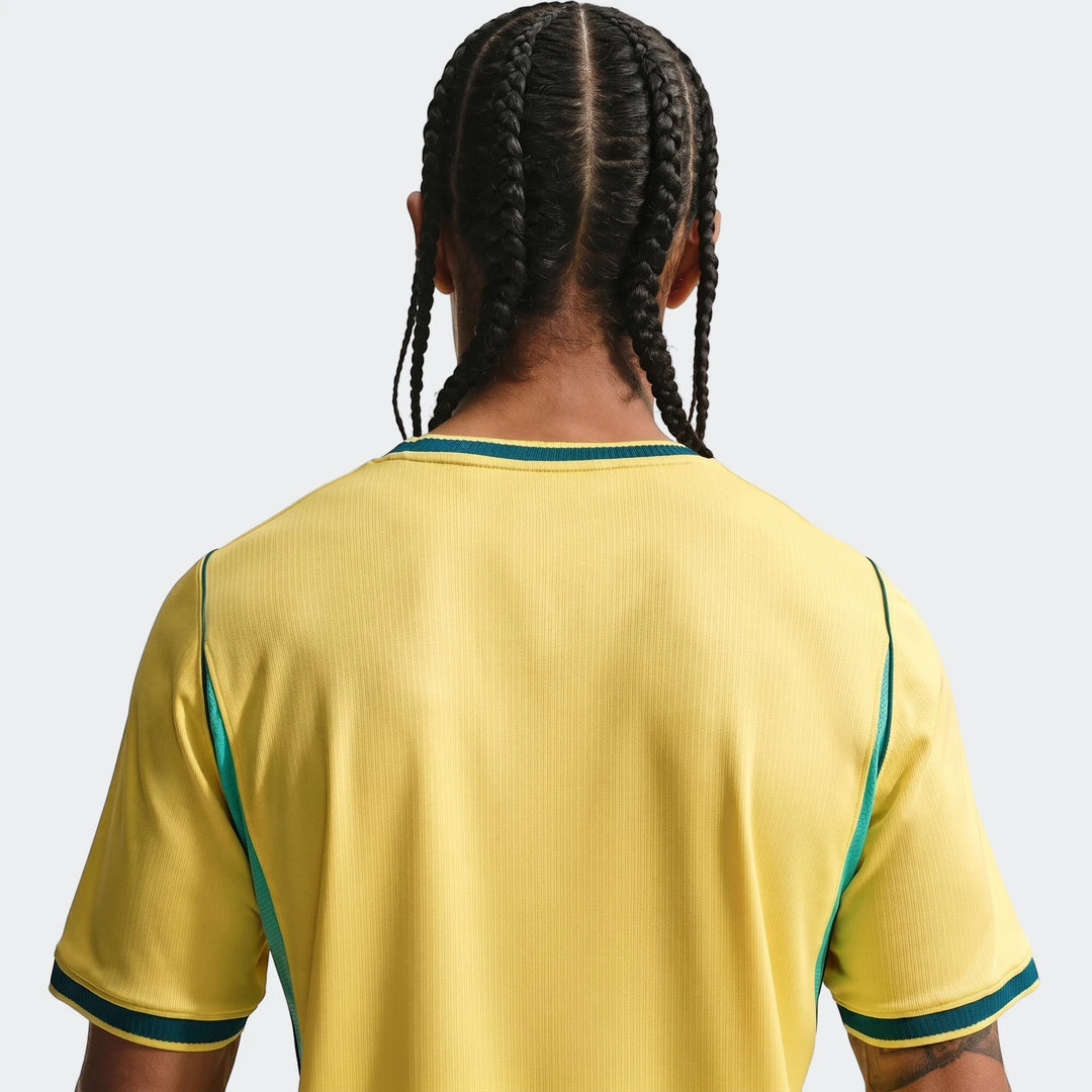 Brazil National Team 2026 Stadium Home Yellow Men'S Nike Dri-Fit Soccer Jersey worn by a model from the back, showing