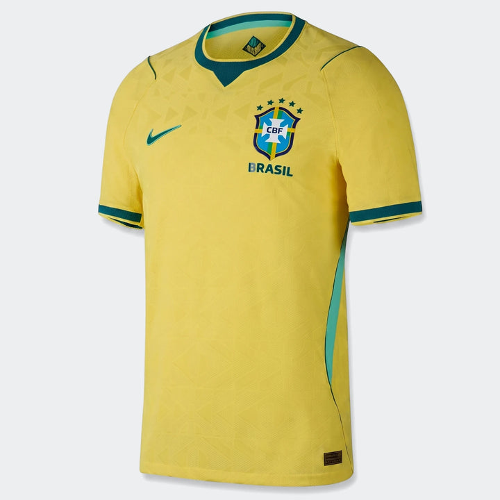 Brazil National Team 2026 Match Home Men's Nike Aero-Fit soccer jersey in bright yellow with green and blue accents, shown