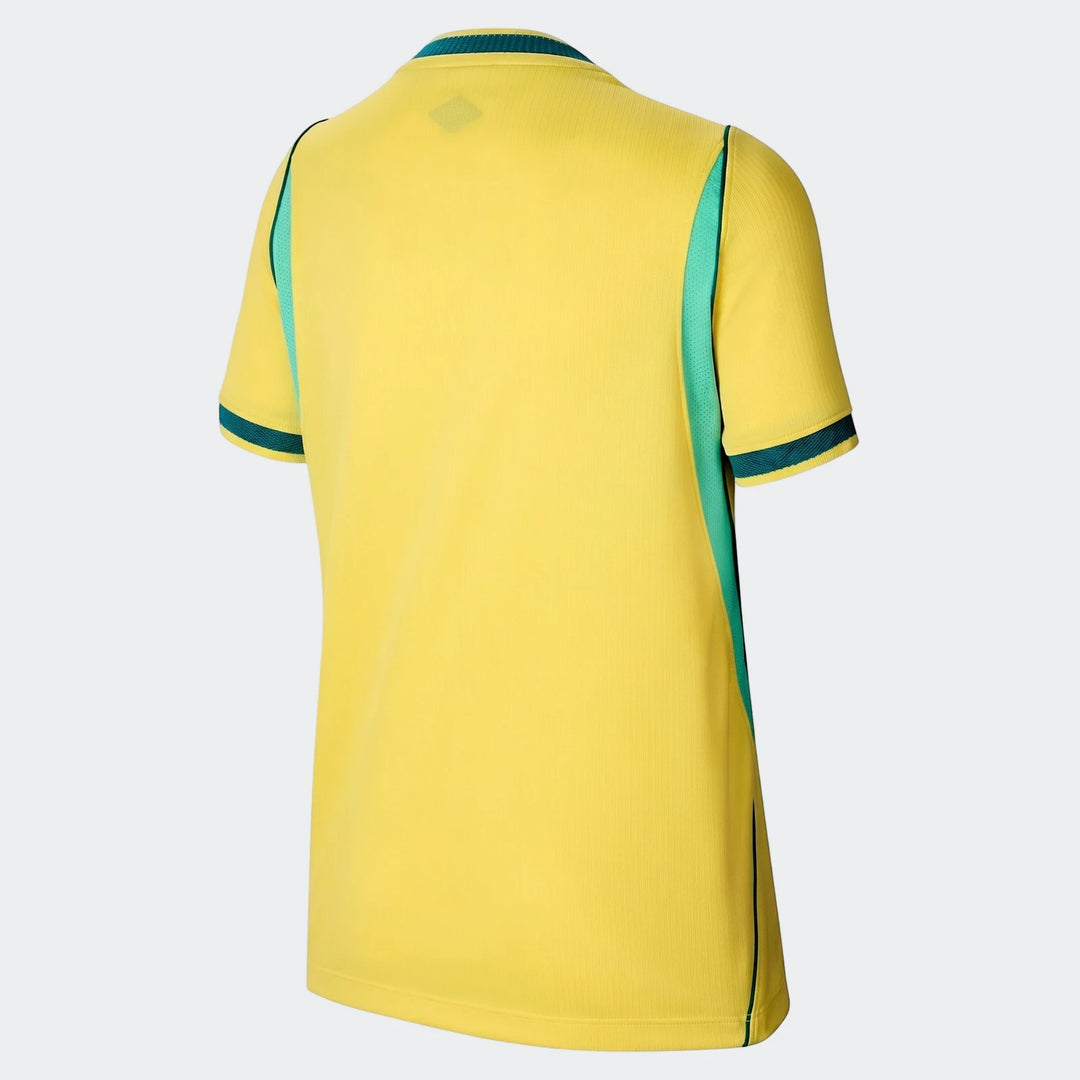 Back view of the Brazil National Team 2026 Stadium Home Big Kids' Nike Dri-Fit Soccer Jersey in yellow with dark green trim.