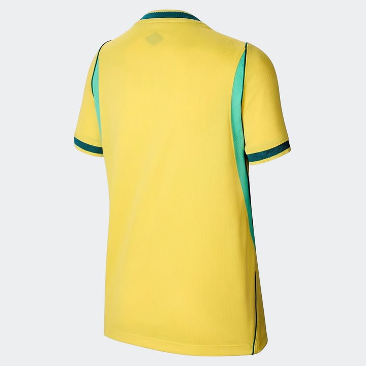 Back view of the Brazil National Team 2026 Stadium Home Big Kids' Nike Dri-Fit Soccer Jersey in yellow with dark green trim.