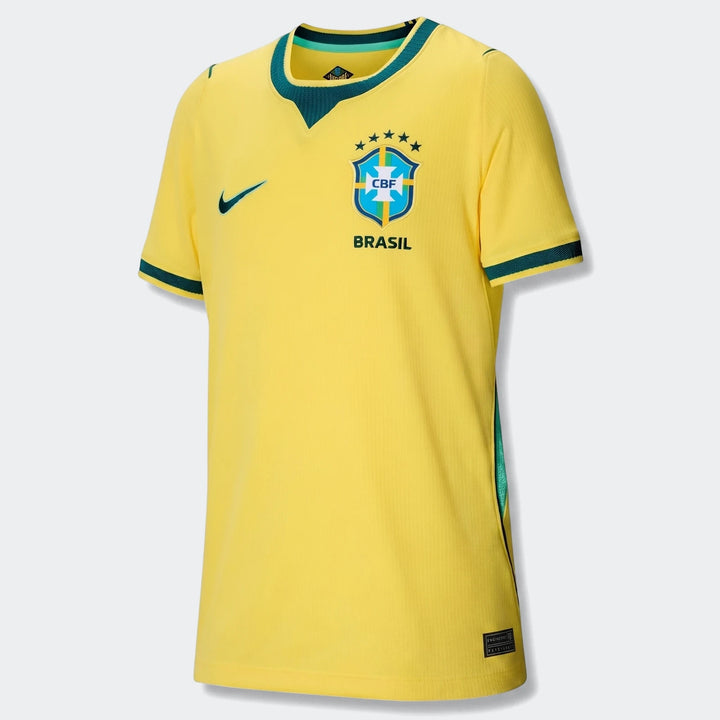 Brazil National Team 2026 Stadium Home Yellow Big Kids' Nike Dri-Fit Soccer Jersey, front view, team crest.