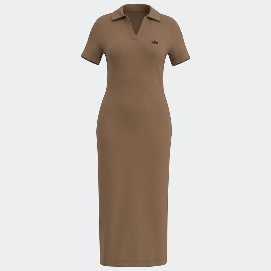 Brown ribbed knit Premium Essential Polo Dress, midi length, with collared V-neck, short sleeves, and Adidas Trefoil logo.