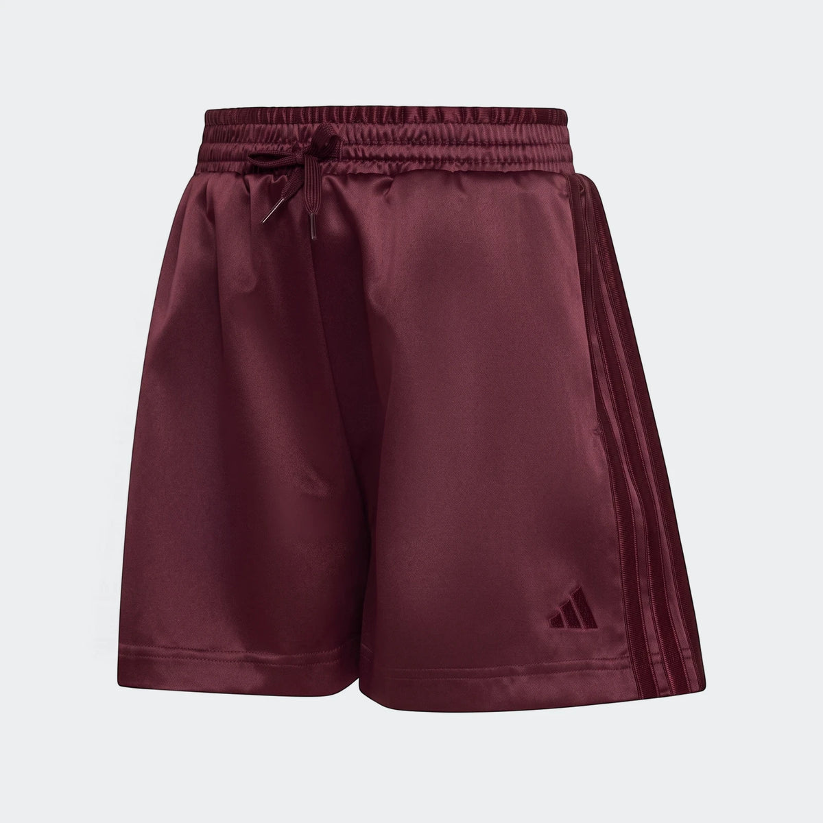 Burgundy satin shorts with an elastic drawstring waistband and textured side stripes, featuring an Adidas logo detail. Front