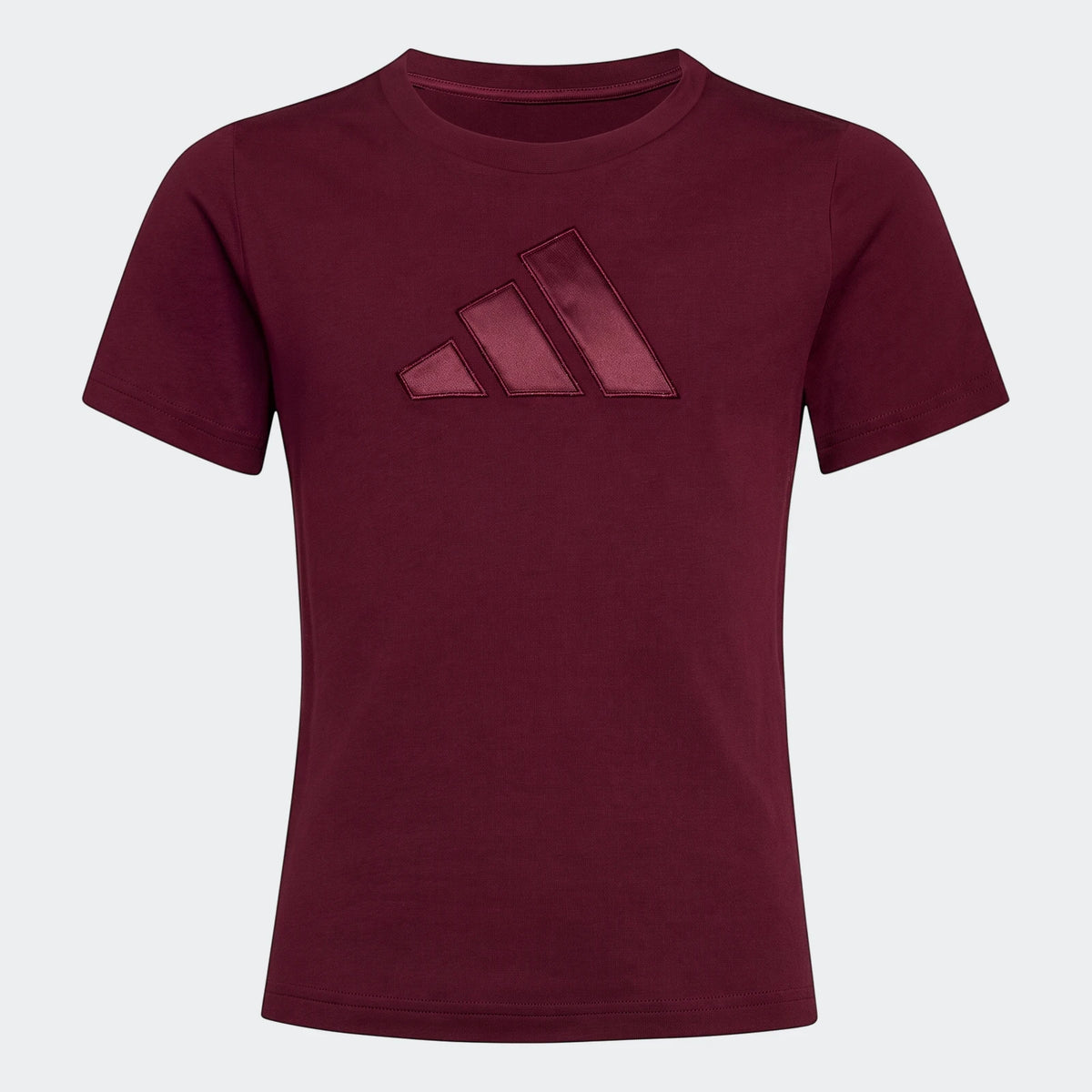 Burgundy short-sleeve Adidas Satin T-Shirt for adults, featuring a prominent logo on the chest.