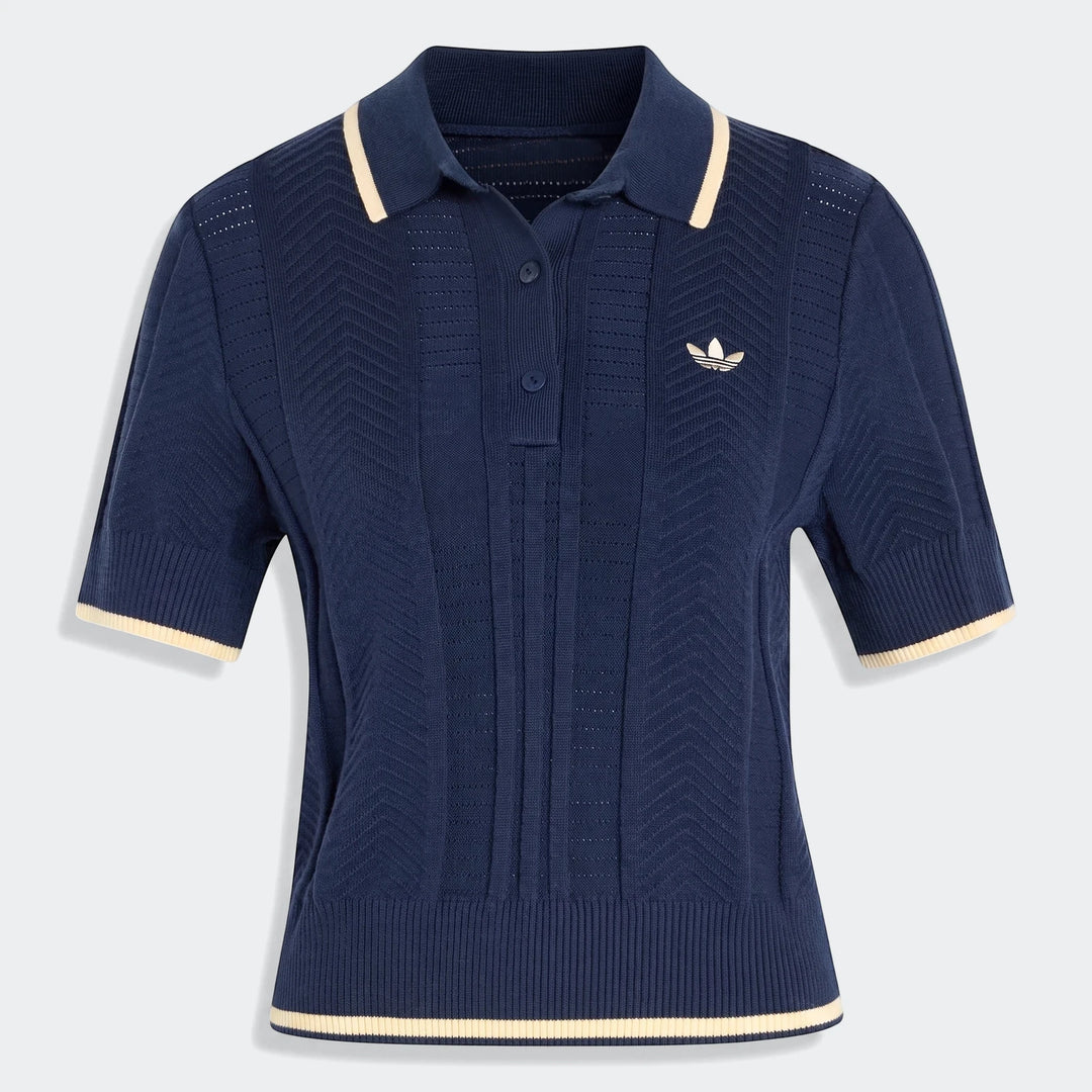 Navy blue short sleeve knit Cable Knit Cali Tee Polo with white trim and embroidered Adidas logo, front view.