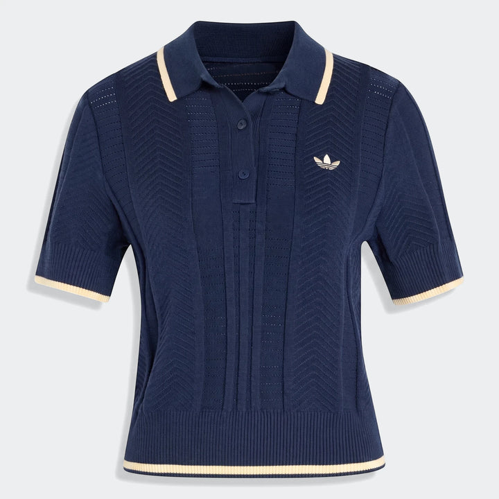Navy blue short sleeve knit Cable Knit Cali Tee Polo with white trim and embroidered Adidas logo, front view.