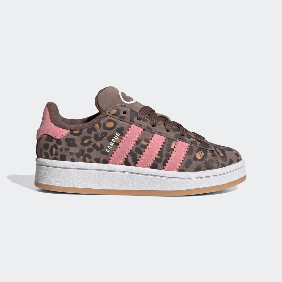 Adidas Campus 00S shoes in brown leopard print with pink stripes and white midsole, side view.