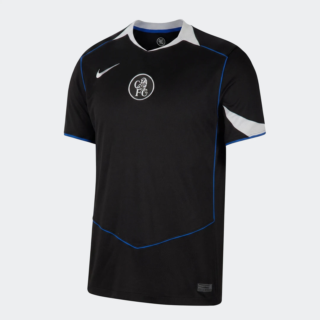 Black short-sleeve soccer jersey with white and blue trim, featuring the CFC FC crest and Nike swoosh on the chest.
