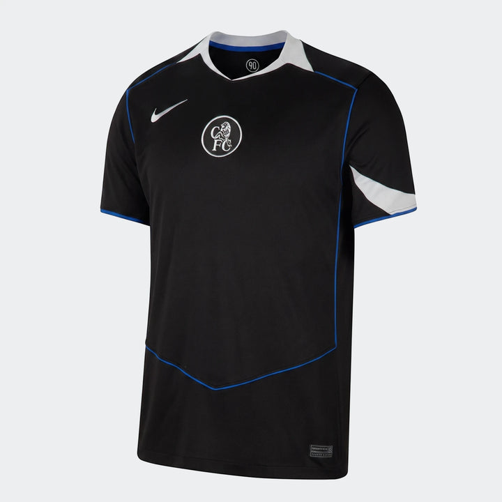 Black short-sleeve soccer jersey with white and blue trim, featuring the CFC FC crest and Nike swoosh on the chest.