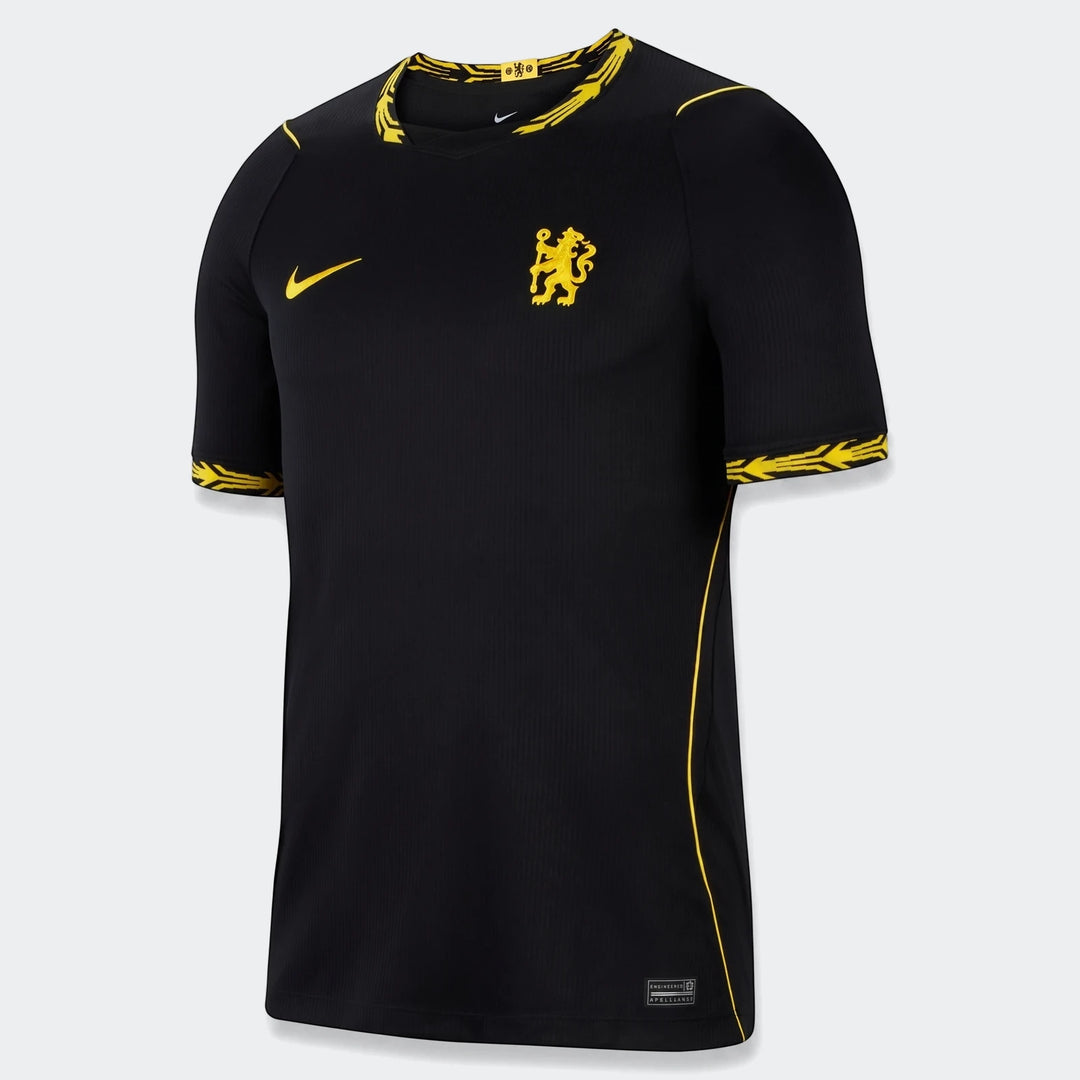 Front view of the Chelsea FC 2026/27 Stadium Away Men's Nike Dri-Fit soccer replica jersey in black with yellow accents.