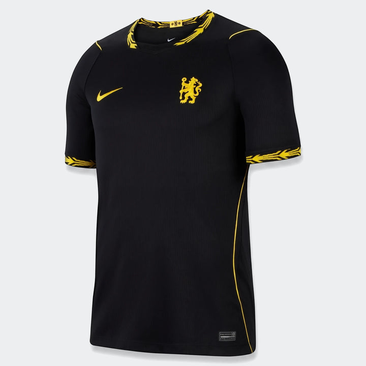 Front view of the Chelsea FC 2026/27 Stadium Away Men's Nike Dri-Fit soccer replica jersey in black with yellow accents.