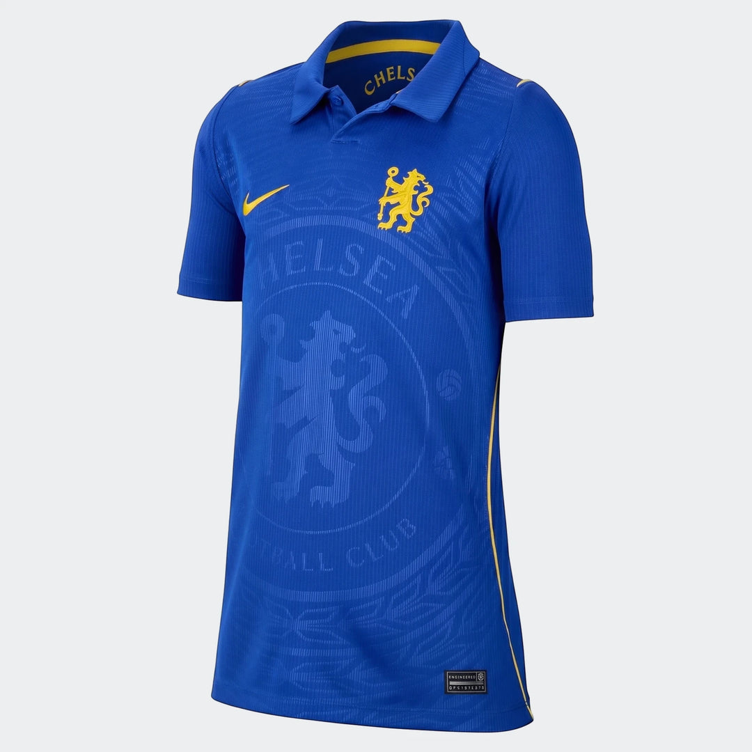 Chelsea FC 2026/27 Stadium Home Blue Big Kids' Nike Dri-Fit Soccer Replica Jersey, front view on a white background.