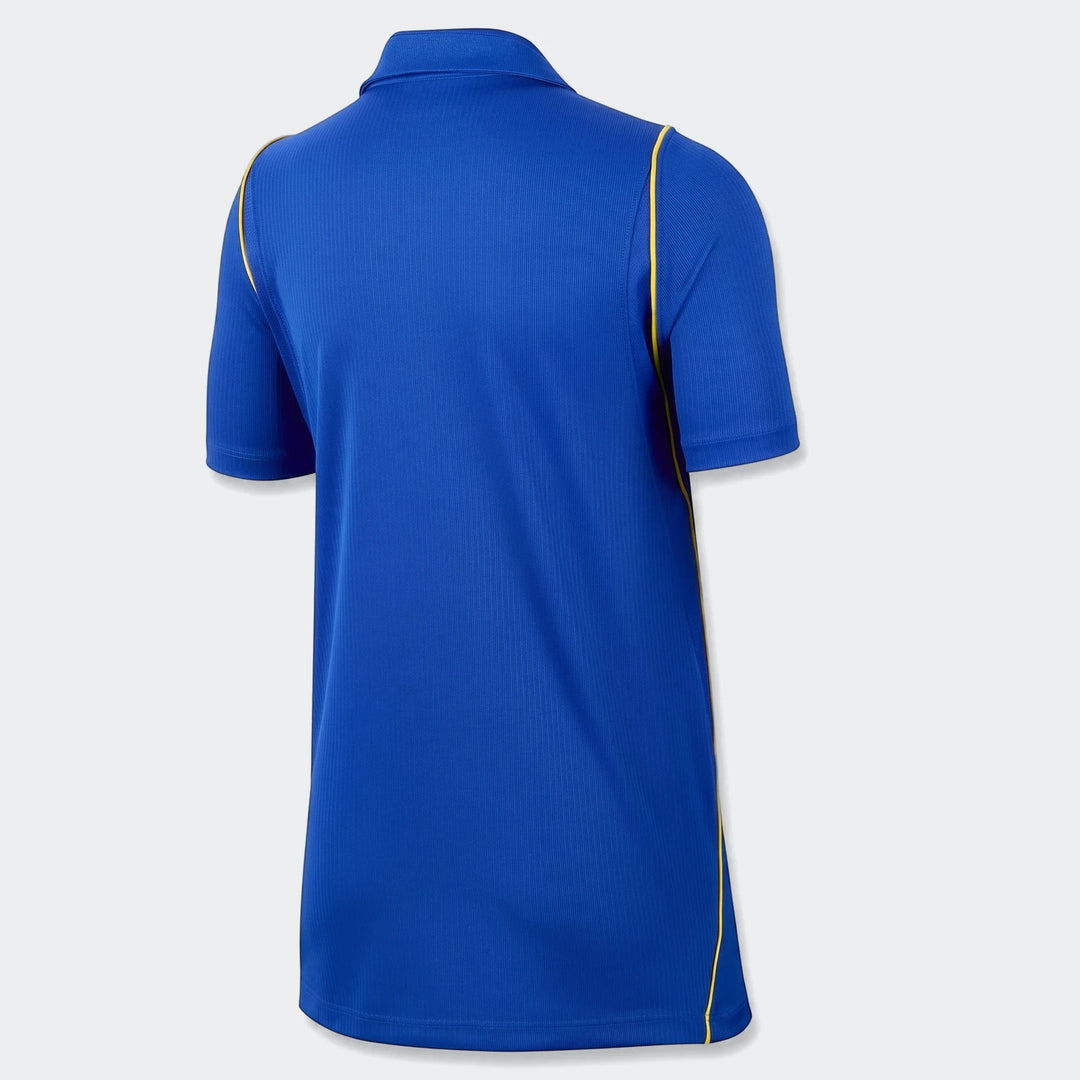 Chelsea FC 2026/27 Stadium Home blue Big Kids' Nike Dri-Fit soccer replica jersey, back view, with yellow trim.