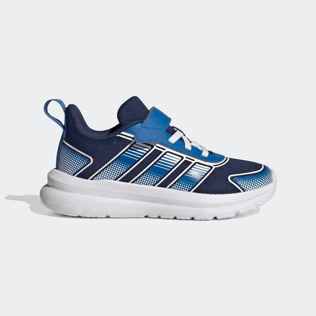 Children's Adidas Tensaur Run 4.0 shoes, navy and royal blue with white stripes and velcro, side view.