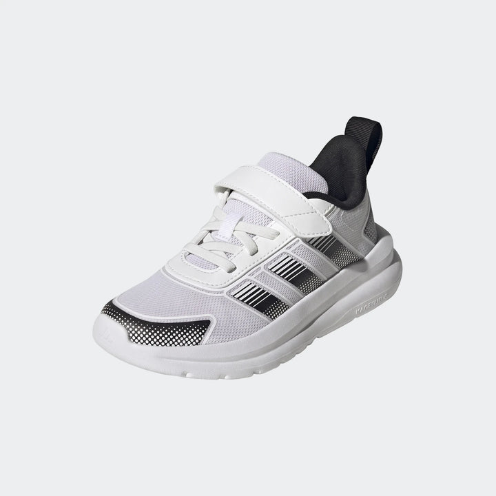 Children's Adidas Tensaur Run 4.0 athletic shoes in white and black, featuring a mesh upper, velcro strap, and stripe