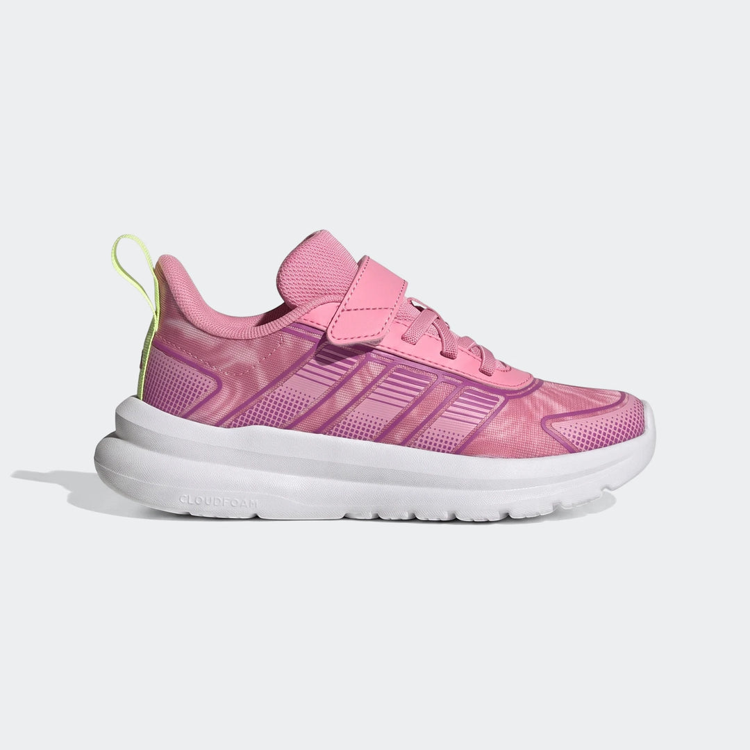 Children's Adidas Tensaur Run 4.0 shoes in pink with purple accents, white Cloudfoam sole, and hook-and-loop strap.