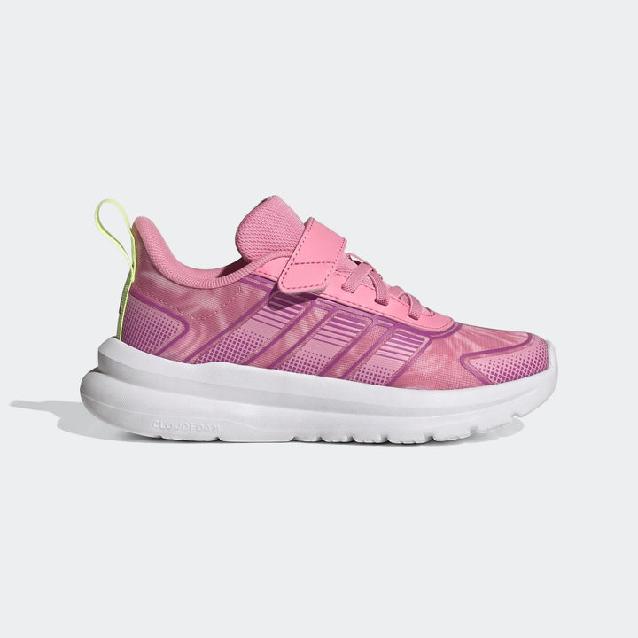 Children's Adidas Tensaur Run 4.0 shoes in pink with purple accents, white Cloudfoam sole, and hook-and-loop strap.