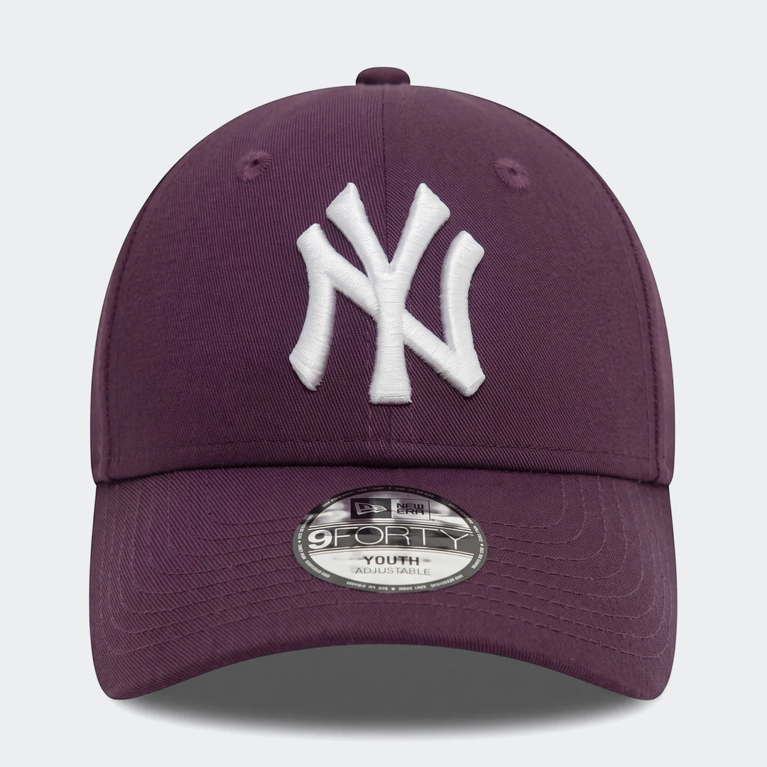 Purple New York Yankees baseball cap for youth, front view, with white embroidered 'NY' logo and adjustable fit.