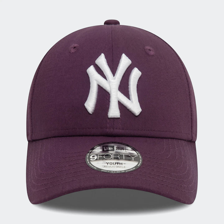 Purple New York Yankees baseball cap for youth, front view, with white embroidered 'NY' logo and adjustable fit.