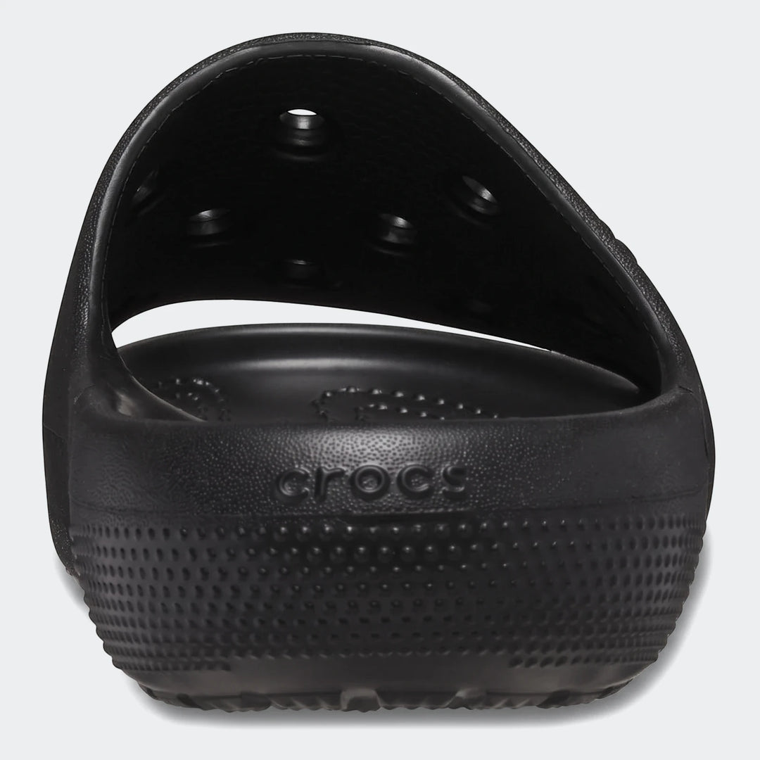 Classic Slide V2 Black Slides in black molded foam with wide strap, front view of single slide sandal.