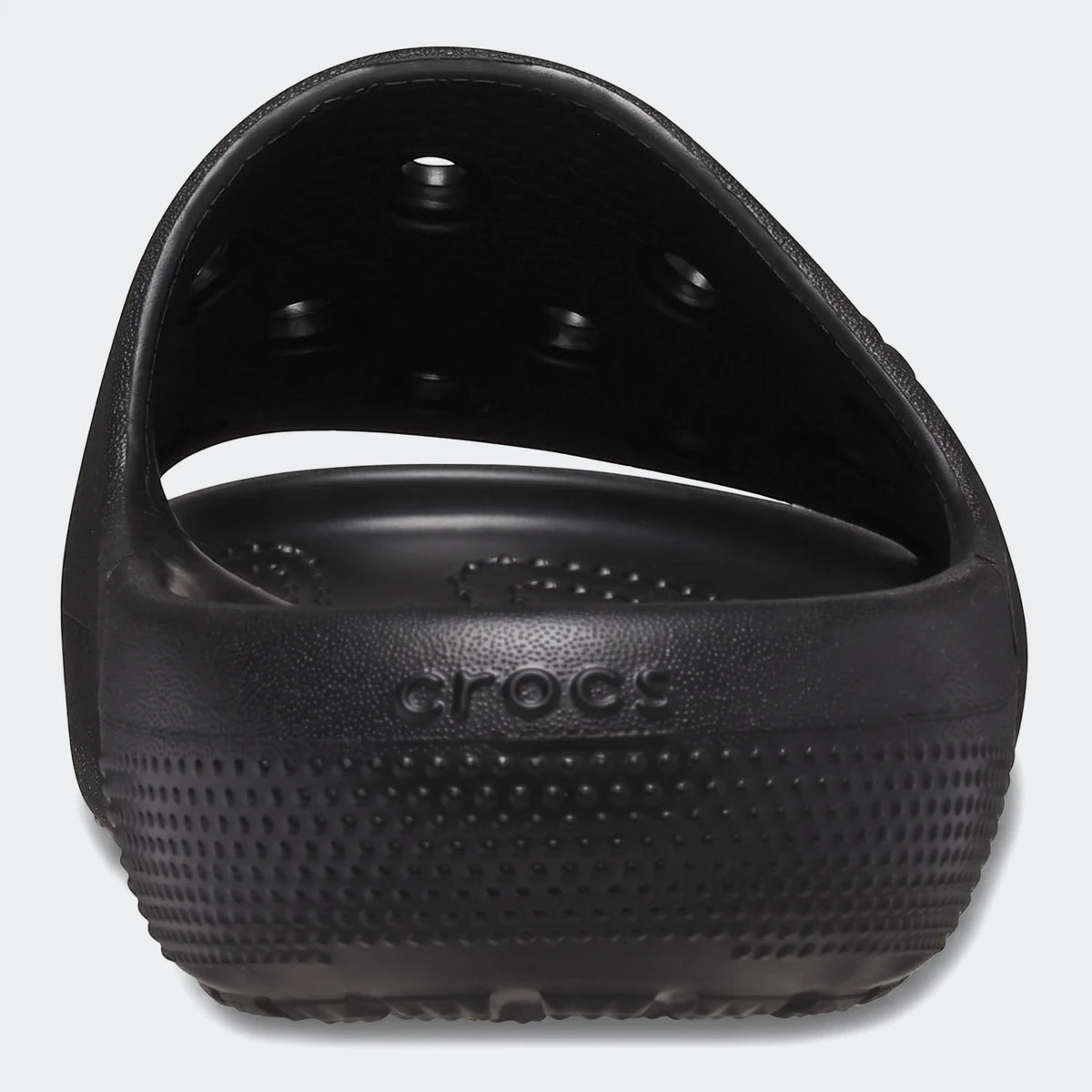 Classic Slide V2 Black Slides in black molded foam with wide strap, front view of single slide sandal.