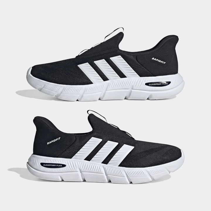 Pair of black and white Cloudfoam Flex Lounge Rapidaflow slip-on shoes with knit upper and ridged white sole, side view.