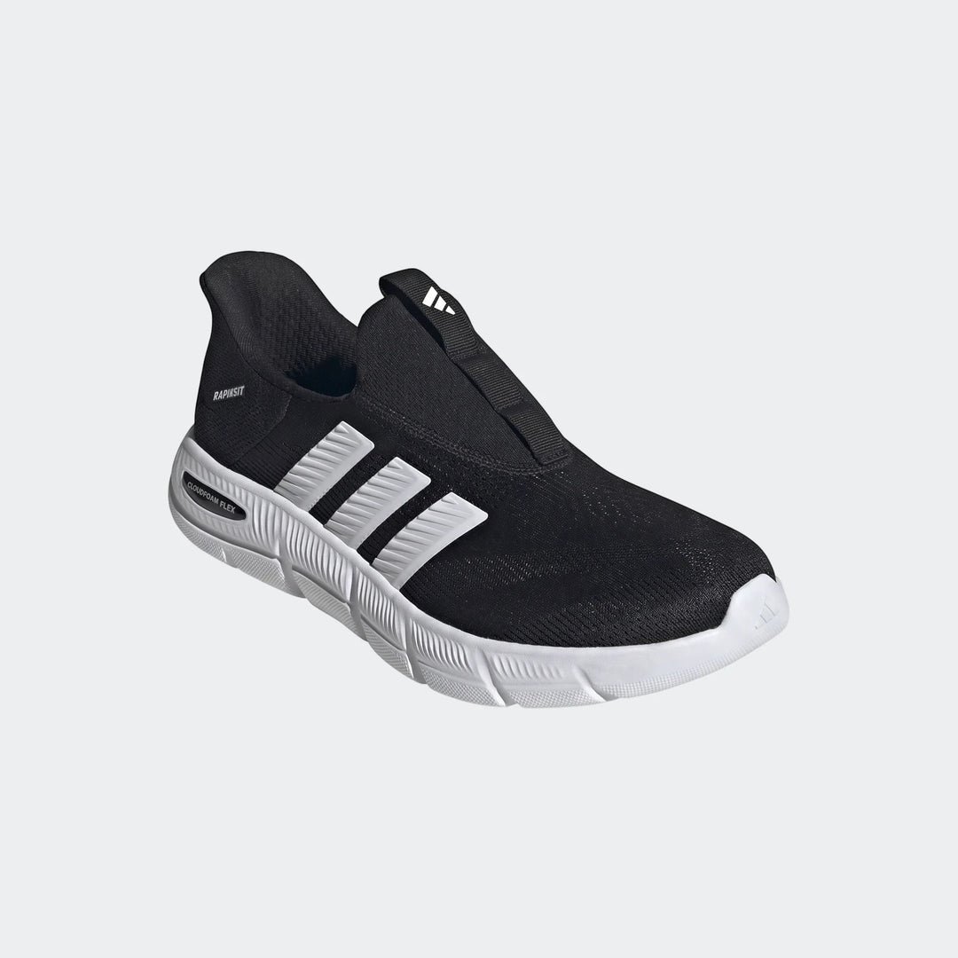 Black Cloudfoam Flex Lounge Rapidaflow slip-on shoes with white Adidas stripes and a white sole, presented from a side-front