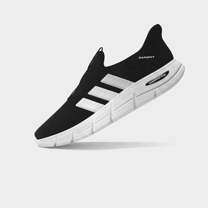 Black and white Cloudfoam Flex Lounge Rapidaflow sneaker with white stripes and a textured sole, shown floating in studio.