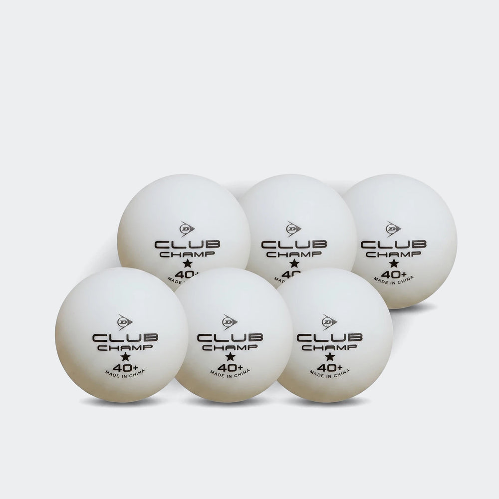 Six white Club Champ 40+ table tennis balls, a 6-ball pack for practice or competition.