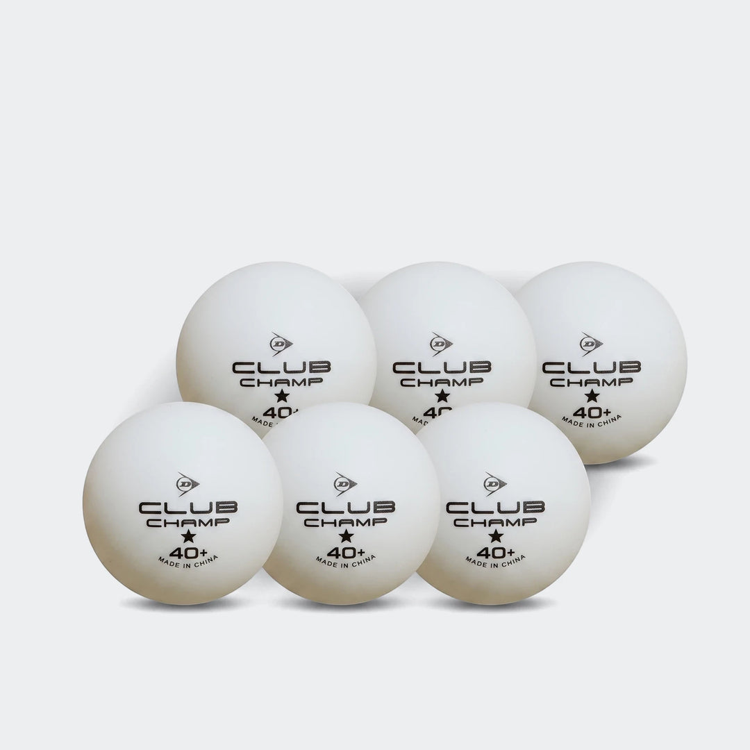 Six white Club Champ 40+ table tennis balls, a 6-ball pack for practice or competition.