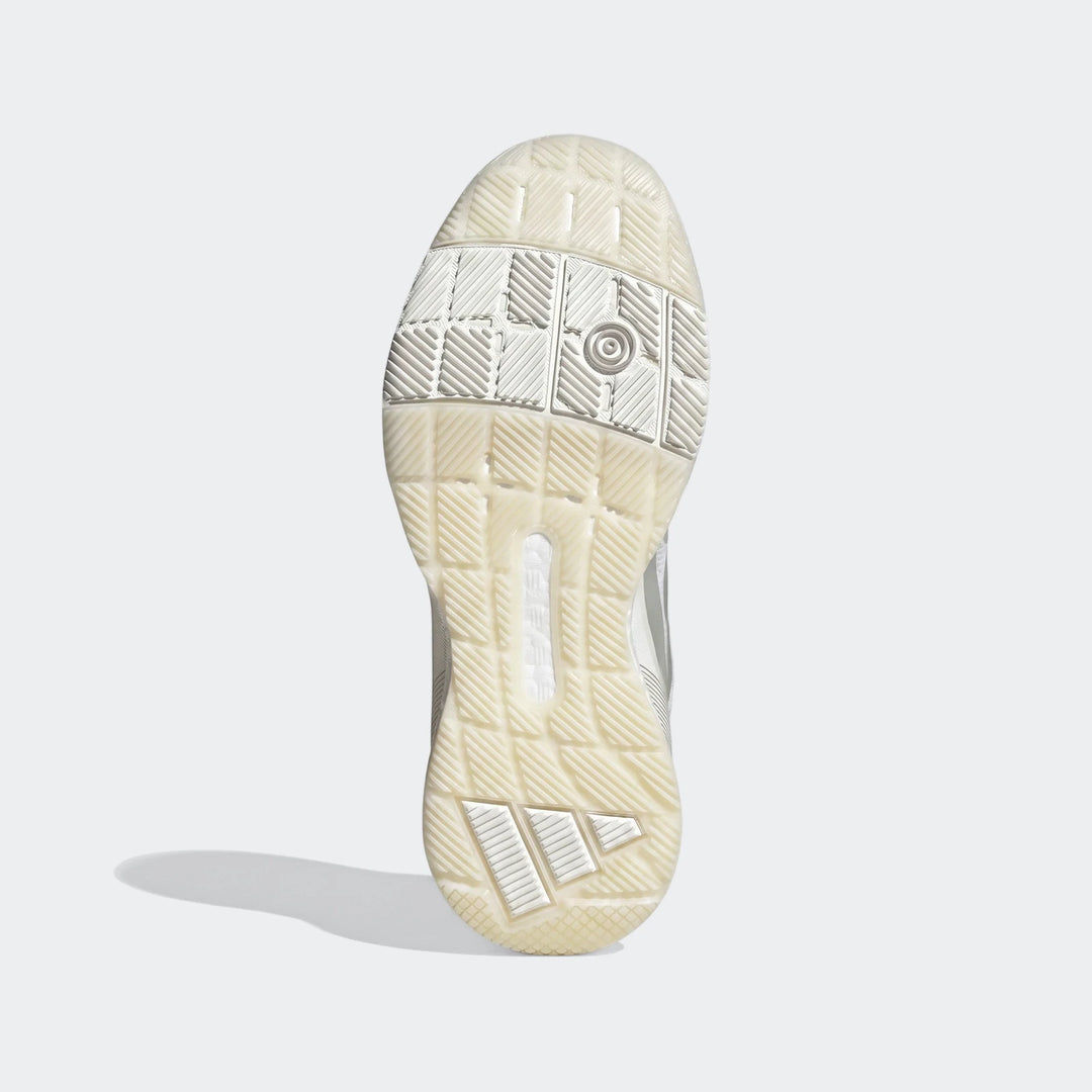Sole of white Crazyquick Boost Padel Shoe, displaying its full intricate tread pattern and Boost technology branding.