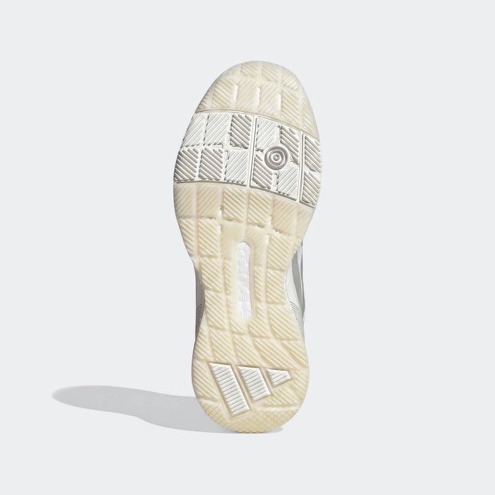 Sole of white Crazyquick Boost Padel Shoe, displaying its full intricate tread pattern and Boost technology branding.