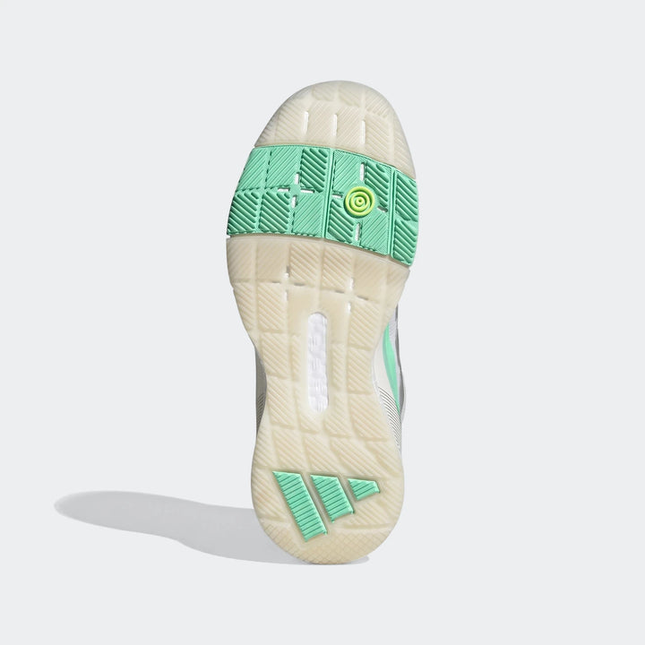 Crazyquick Boost Padel Shoes sole view, featuring mint green tread patterns and Adidas branding on an off-white sole.