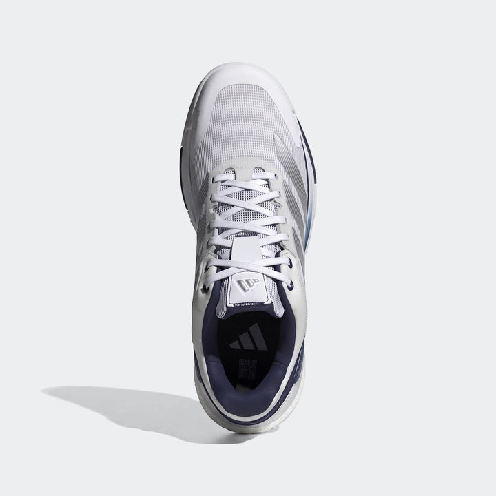 White and navy Adidas Crazyquick Boost Padel Shoes, top-down view, featuring mesh upper and three stripes.