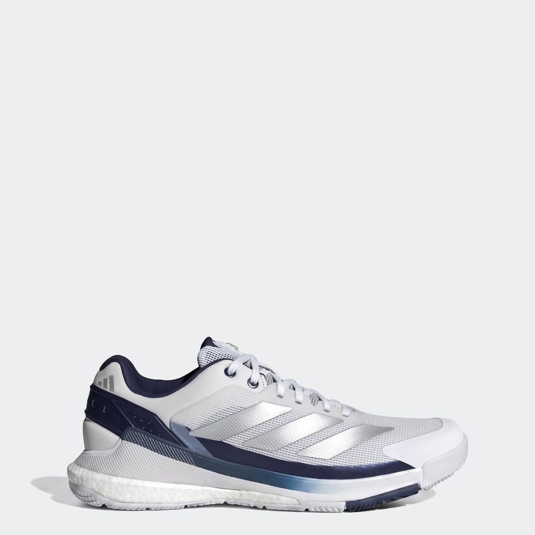 White, silver, and navy Adidas Crazyquick Boost Padel Shoes, featuring a mesh upper and Boost midsole, shown in a side view.