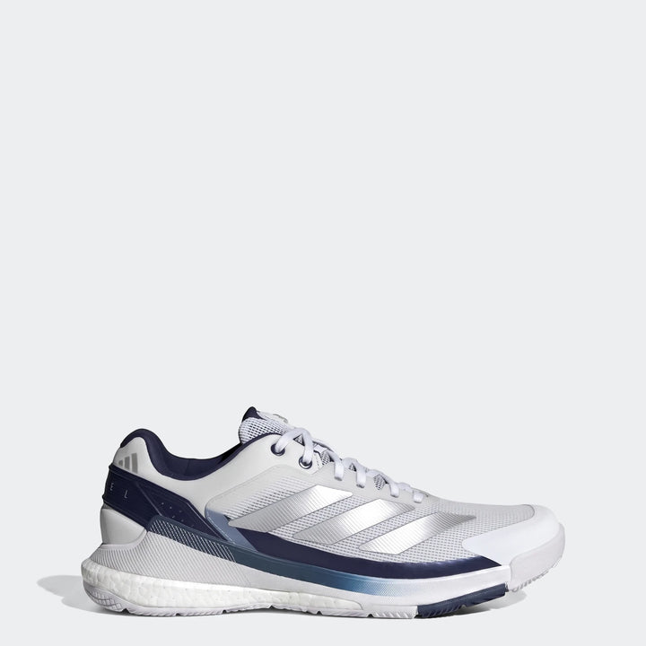 White, silver, and navy Adidas Crazyquick Boost Padel Shoes, featuring a mesh upper and Boost midsole, shown in a side view.