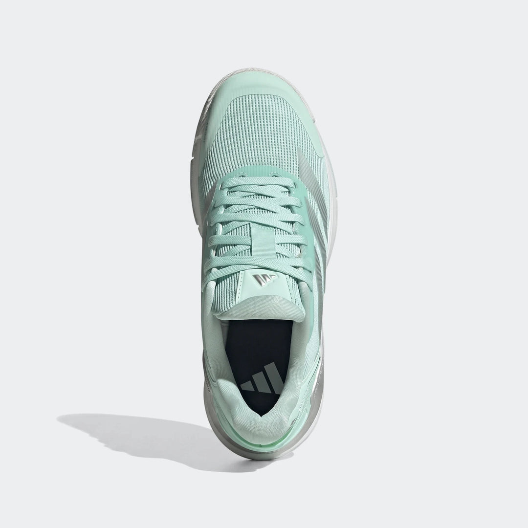 Mint green and silver Adidas Crazyquick Lightstrike Padel Shoes, featuring a breathable mesh upper and a visible lacing