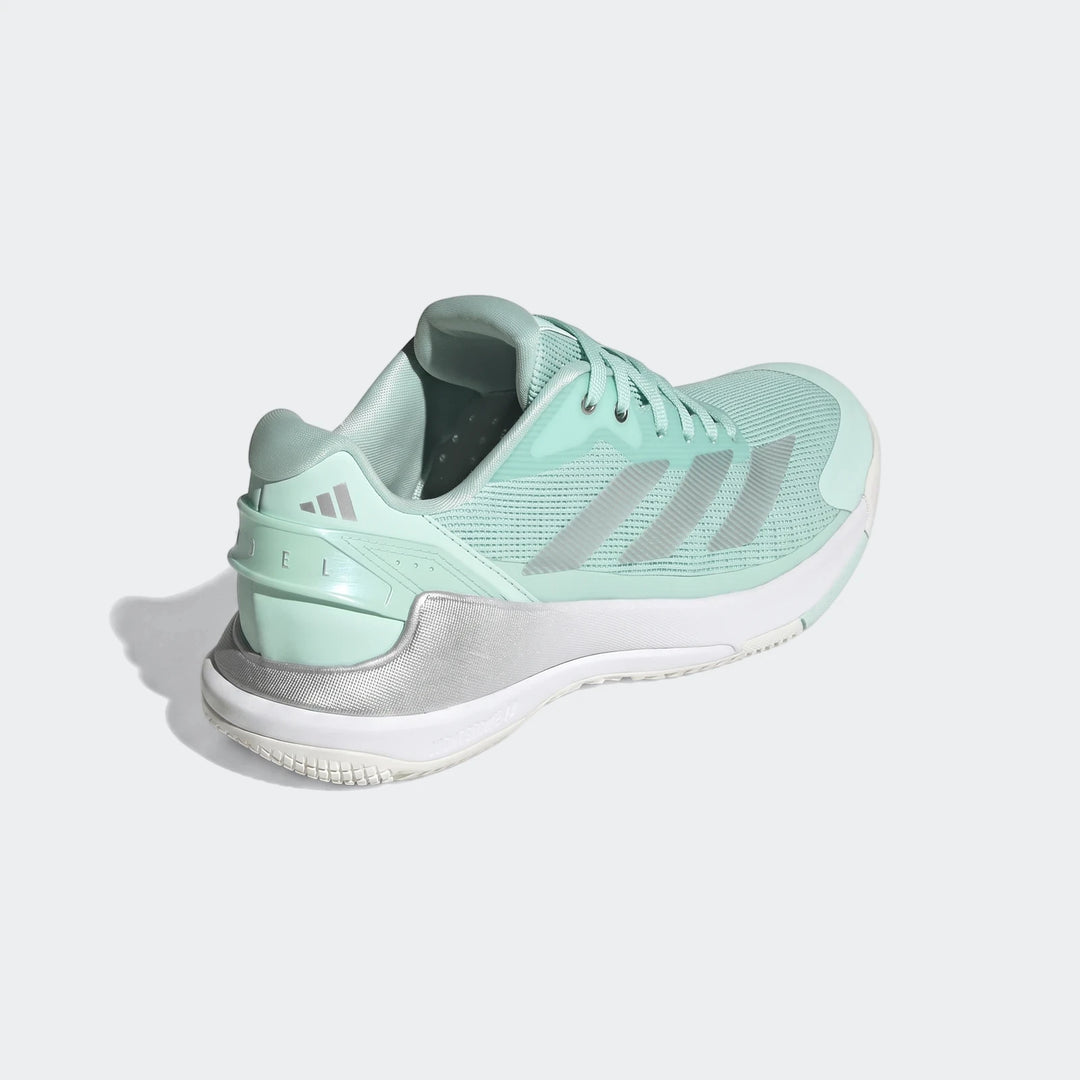 Light mint green and silver Adidas Crazyquick Lightstrike Padel Shoes, featuring a mesh upper and rear-right angled view.