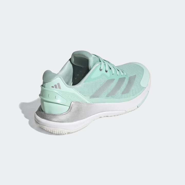 Light mint green and silver Adidas Crazyquick Lightstrike Padel Shoes, featuring a mesh upper and rear-right angled view.