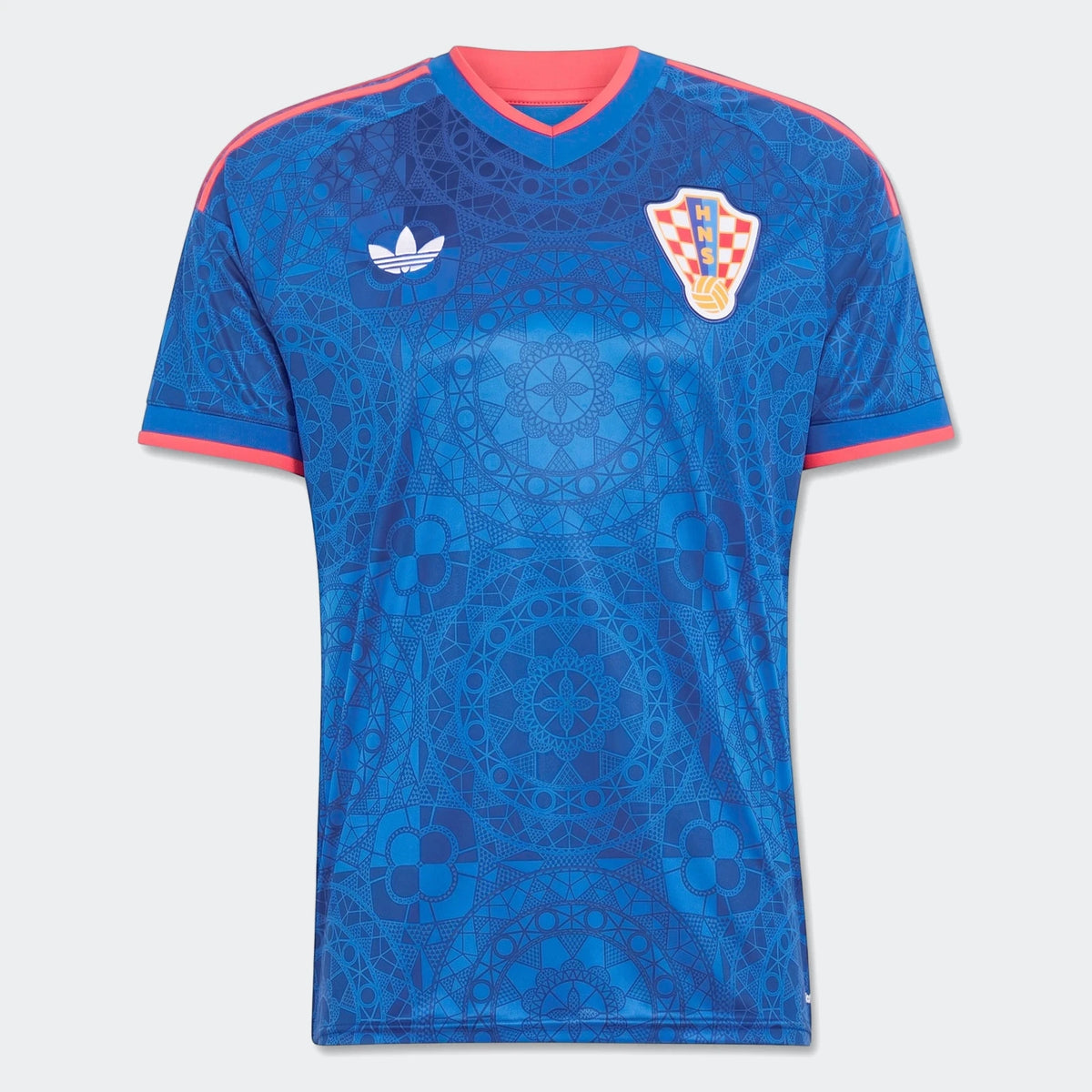 Croatia 26 Away Jersey from Adidas in royal blue with coral accents and a unique geometric pattern, front view.