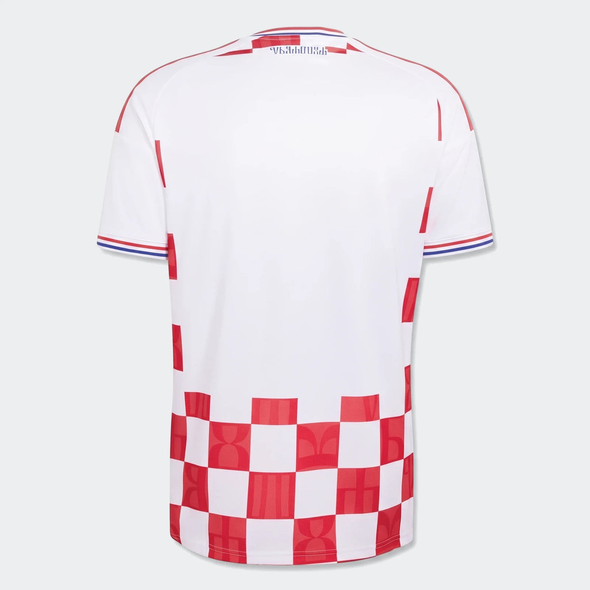 Back view of a white Croatia 26 Home Jersey featuring a red checker pattern fading towards the bottom.