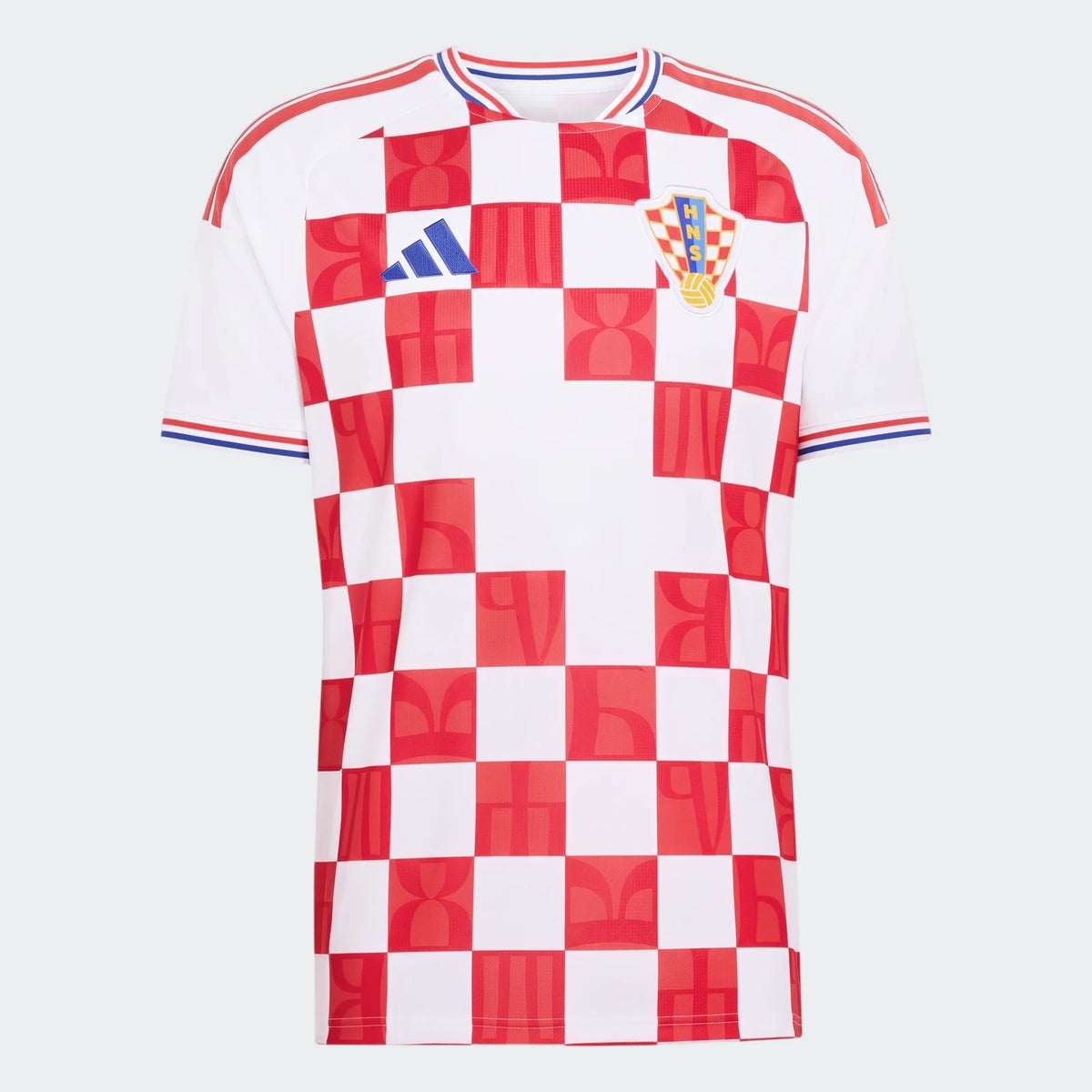 Croatia 26 Home Jersey in white and red checkered pattern, short-sleeve, shown from the front on a hanger.